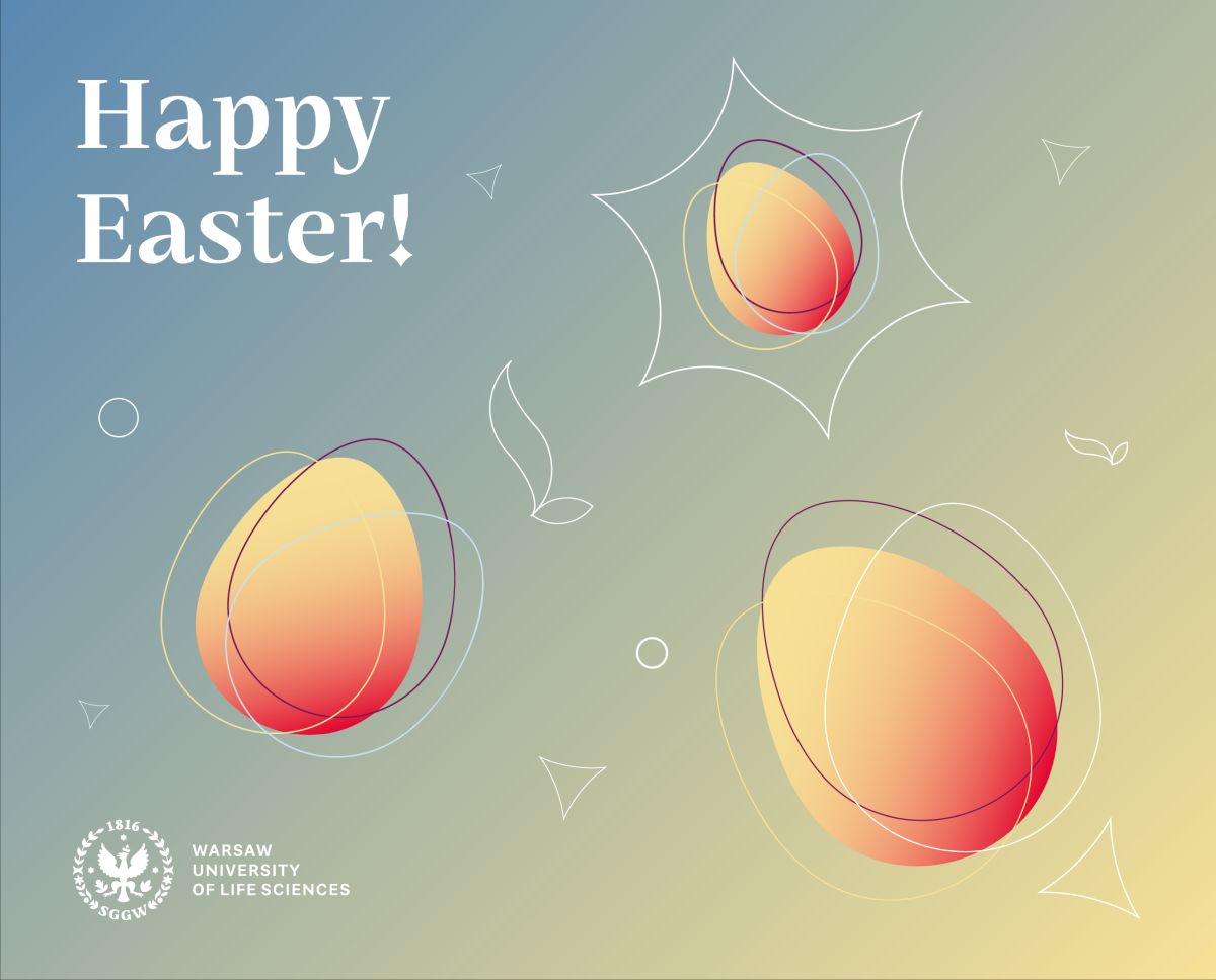 "Happy Easter!", WULS/SGGW logo and yellow-red Easter eggs