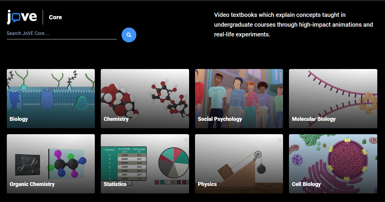 Screen przedstawiający stronę JoVe Core, z ośmioma tematycznymi sekcjami