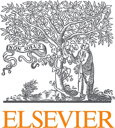 logo firmy elsevier - stylizowany na średniowieczny rysunek drzewa i postaci patrzącej od dołu na gałęzie, na dole podpis ELSEVIER