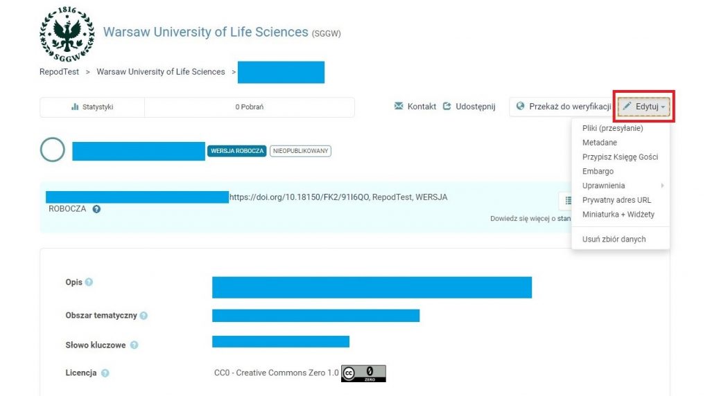 Zrzut ekranu podstrony internetowej RepOD z opisem zbioru danych z zaznaczonym na czerwono przyciskiem 'Edytuj'