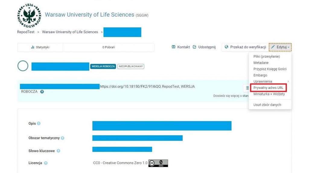 Zrzut ekranu podstrony internetowej RepOD z opisem zbioru danych z zaznaczonym na czerwono przyciskiem 'Prywatny adres URL'