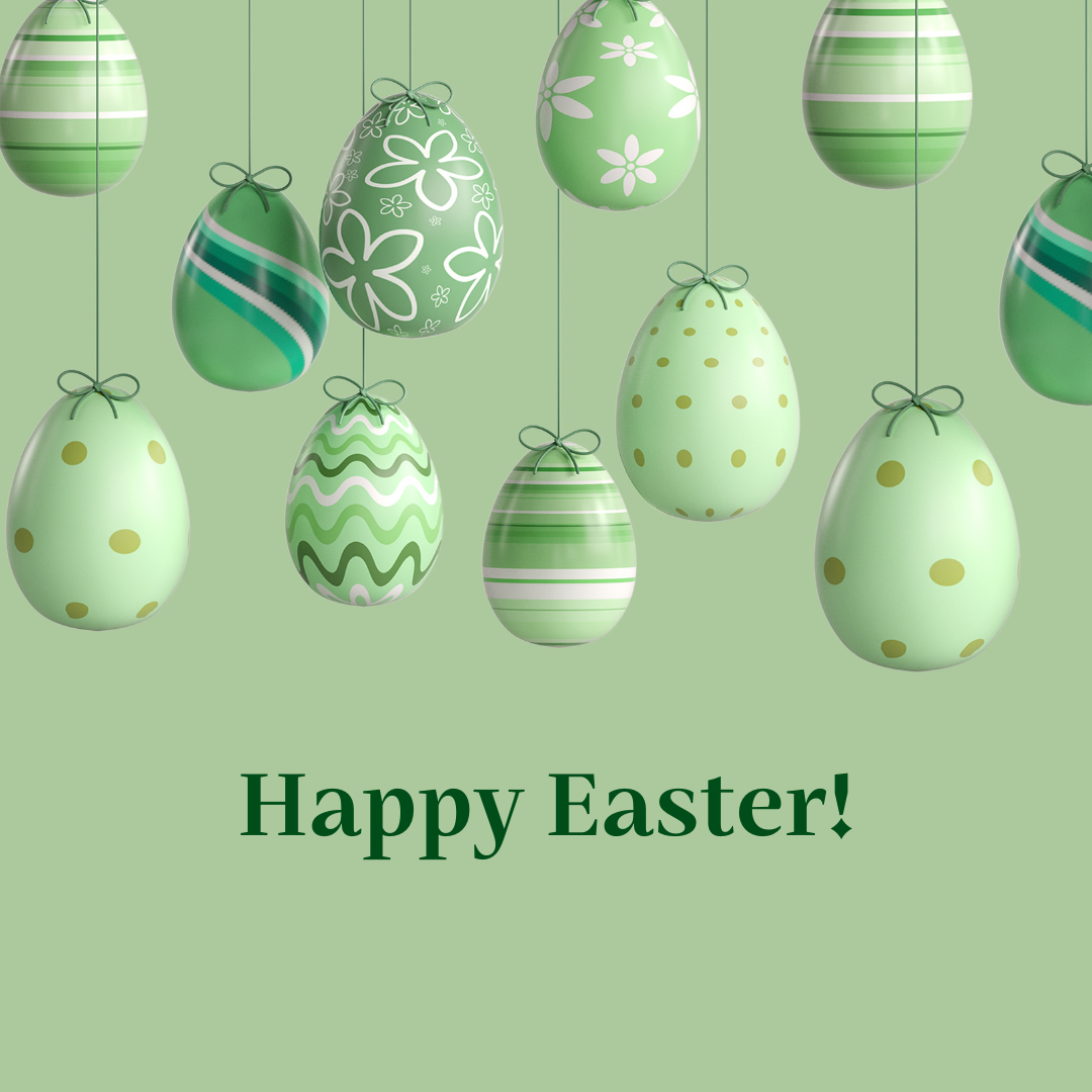 Text "Happy Easter" with green easter eggs in the background