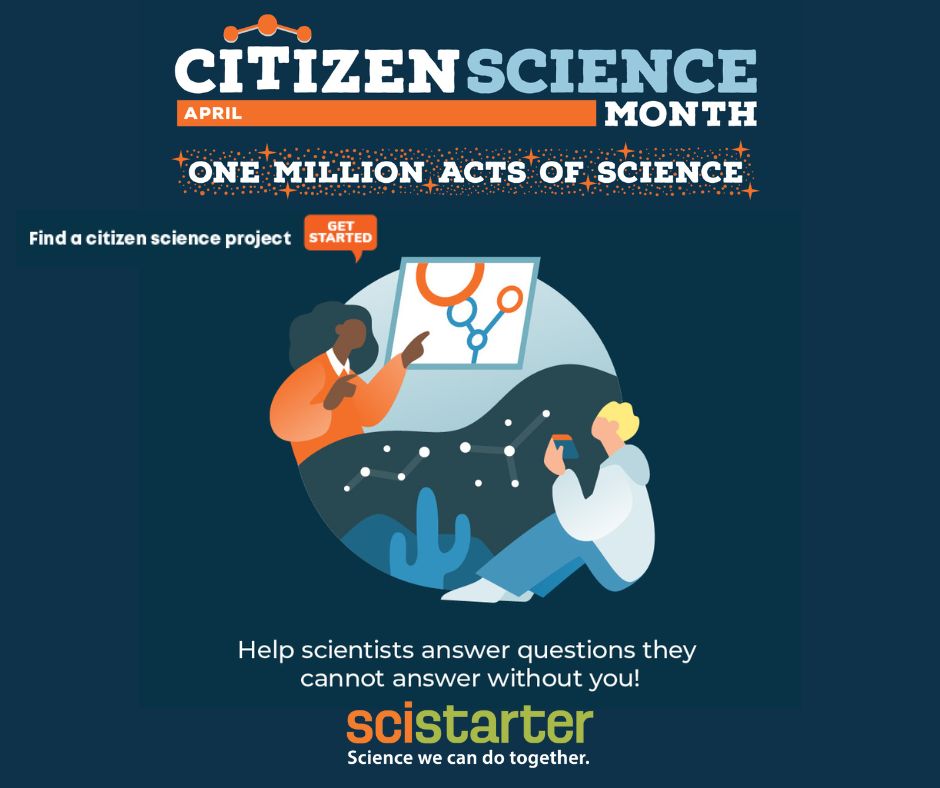 Napis "Citizen Science Month" i grafika przedstawiająca młodszą i starszą osobę podczas badania świata w mikro- i makroskali.