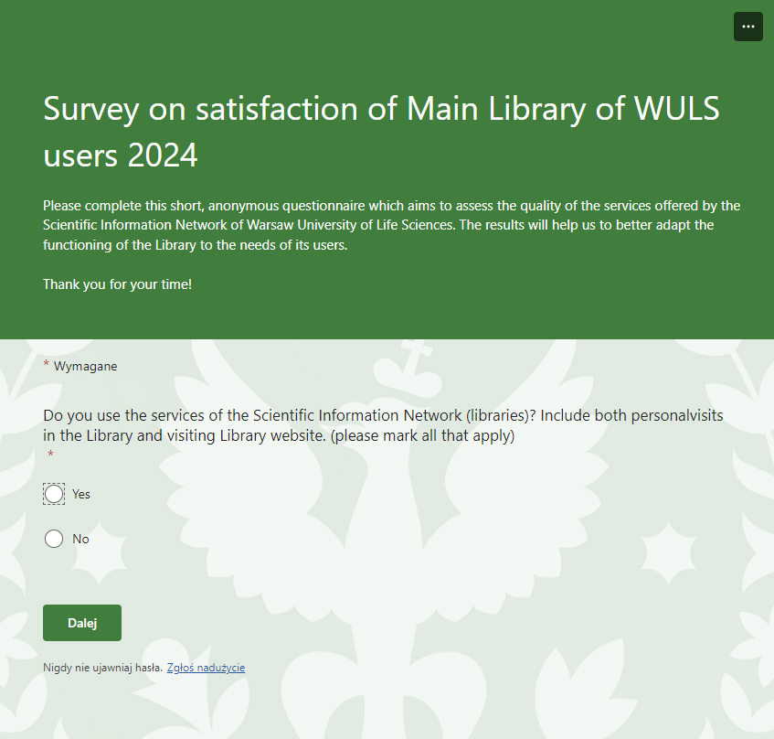 Survey on satisfaction of Main Library of WULS users 2024