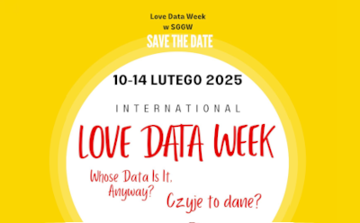 Napis "10-14 lutego International LOVE DATA WEEK. Whose Data Is It, anyway? Czyje to dane?" w białym kole na żółtym tle.