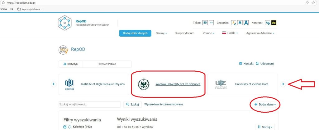 Zrzut ekranu strony głównej RepOD z zaznaczonymi na czerwono ikonami z linkiem do kolekcji SGGW i formularza służącego do dodawania danych i/lub metadanych