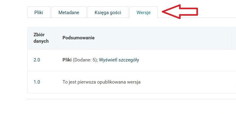 Zrzut ekranu strony internetowej RepOD po wprowadzeniu zmian we wcześniej opublikowanym rekordzie