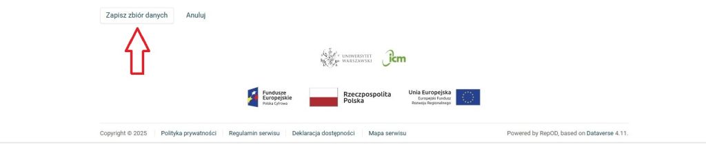 Zrzut ekranu strony internetowej RepOD z zaznaczonym przyciskiem służącym do zapisania wersji roboczej zbioru danych