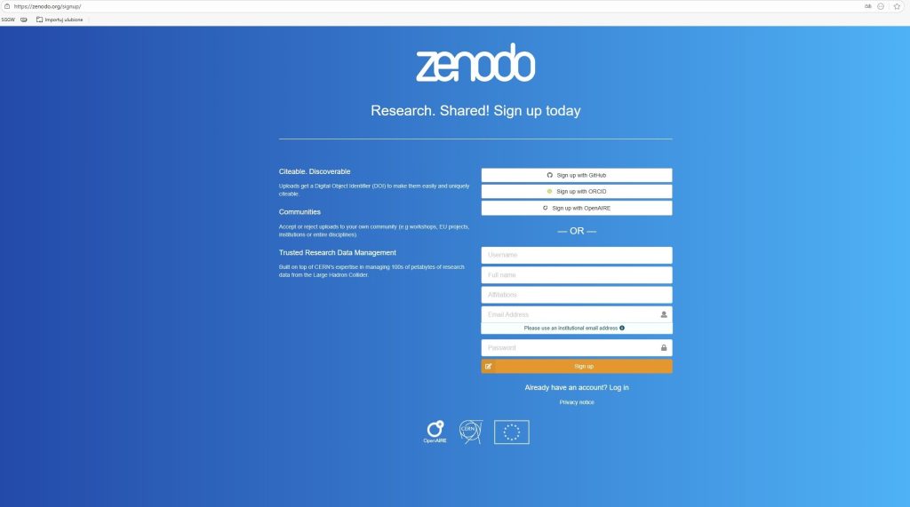 Zrzut ekranu strony głównej Zenodo, różne możliwości logowania się