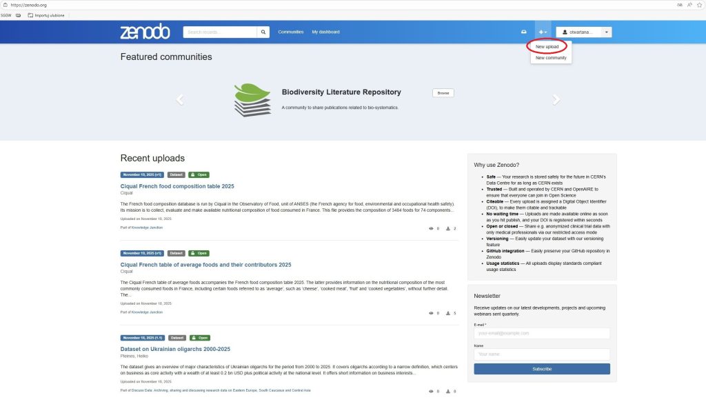 Zrzut ekranu strony głównej Zenodo z zaznaczoną na czerwono ikoną z linkiem do strony internetowej z formularzem służącym do deponowania danych