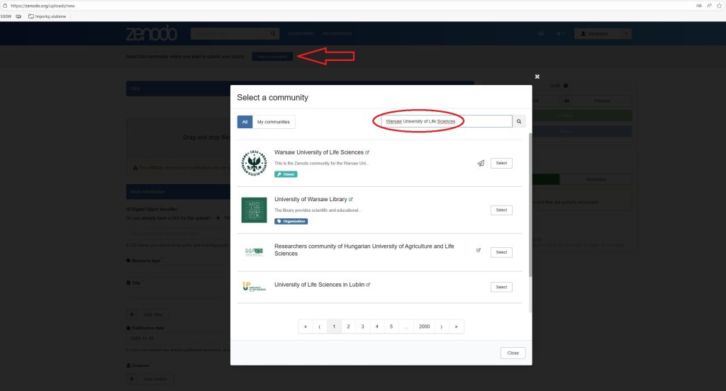Zrzut ekranu strony internetowej Zenodo z zaznaczonym przyciskiem służącym do wyboru społeczności i polem do wpisywania nazwy szukanej społeczności