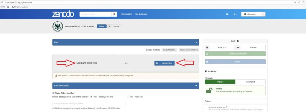 Zrzut ekranu strony internetowej Zenodo z zaznaczonym czerwonymi strzałkami polem z dwiema funkcjonalnościami służącym do przesyłania plików