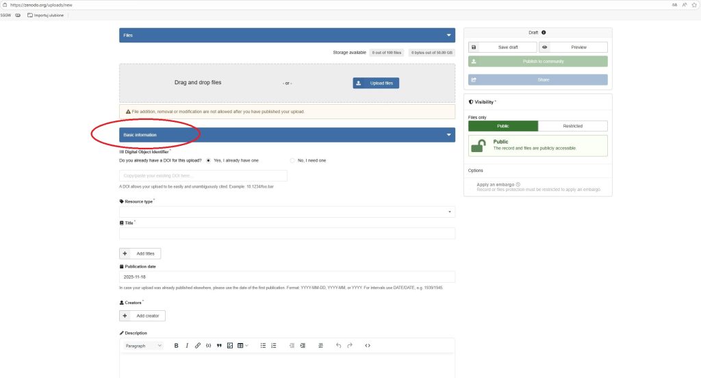 Zrzut ekranu strony internetowej Zenodo z zaznaczonym na czerwono polem 'Basic information'