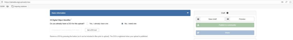Zrzut ekranu strony internetowej Zenodo. Pole służące do nadania numeru DOI, jeżeli zestaw danych jeszcze go nie ma