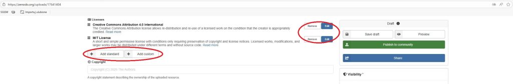 Zrzut ekranu strony internetowej Zenodo z zaznaczonymi na czerwono przyciskami służącymi do dodawania bądź usuwania informacji o licencji