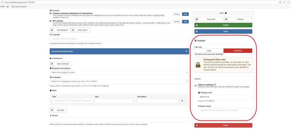 Zrzut ekranu strony internetowej Zenodo z zaznaczoną na czerwono informacją o nałożeniu embarga