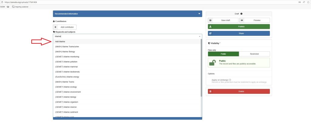 Zrzut ekranu strony internetowej Zenodo z zaznaczonym czerwoną strzałką polem wyboru słów kluczowych