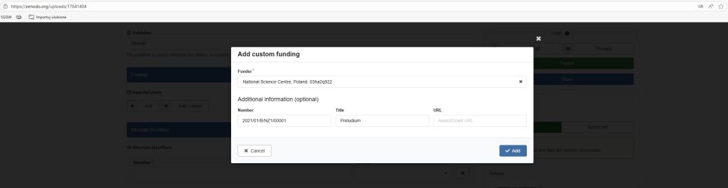 Zrzut ekranu strony internetowej Zenodo z widocznym formularzem służącym do dopisania informacji o grantodawcy