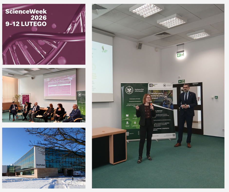 Mozaika zdjęć i grafik ScienceWeek: logo ScienceWeek 2026, zdjęcie uczestników debaty, zdjęcie budynku Biblioteki zimą, zdjęcie dyrektora Biblioteki dra Wojciecha Woźniaka i dr Agnieszki Adamiec podczas prezentacji o repozytorium danych badawczych SGGW.