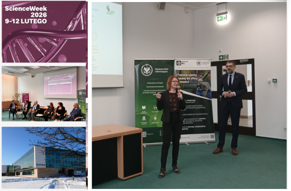 Mozaika zdjęć i grafik ScienceWeek: logo ScienceWeek 2026, zdjęcie uczestników debaty, zdjęcie budynku Biblioteki zimą, zdjęcie dyrektora Biblioteki dra Wojciecha Woźniaka i dr Agnieszki Adamiec podczas prezentacji o repozytorium danych badawczych SGGW.
