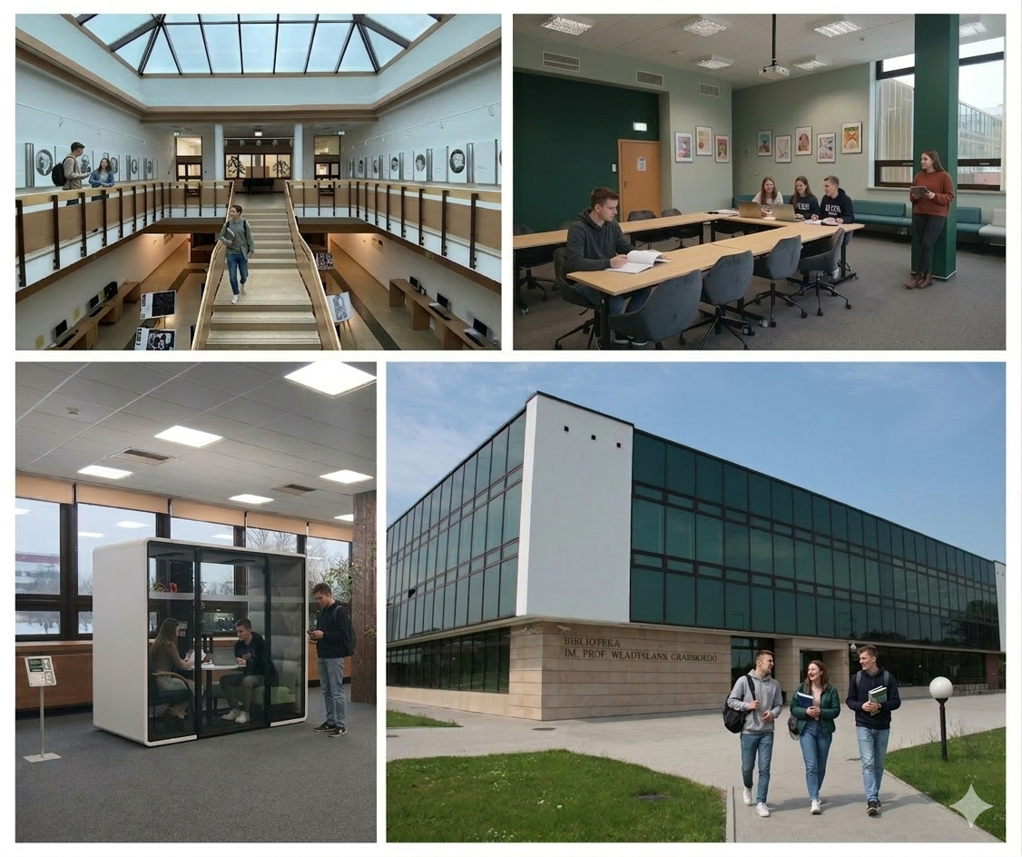 Kolaż zdjęć przedstawiających budynek Biblioteki i jego wnętrza: hol z galerią Rektorów, salę pracy grupowej, kabiny akustyczne do pracy indwyidualnej w Czytelni. Zdjęcia zmodyfikowane przez Gemini Nano Banana.