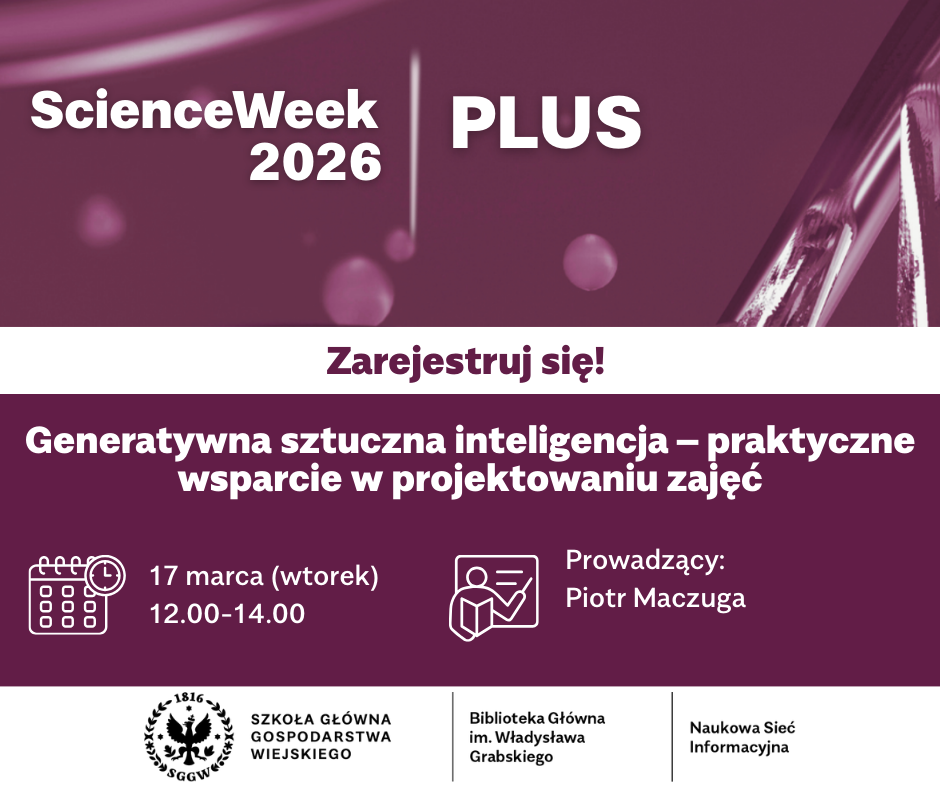 Napis "ScienceWeek 2026 PLUS. Zarejsetruj się! Generatywna sztuczka inteligencja - praktyczne wsparcie w projektowaniu zajęć. 17 marca (wtorek) 12:00-14:00. Prowadzący: Piotr Maczuga" na fioletowym tle.
