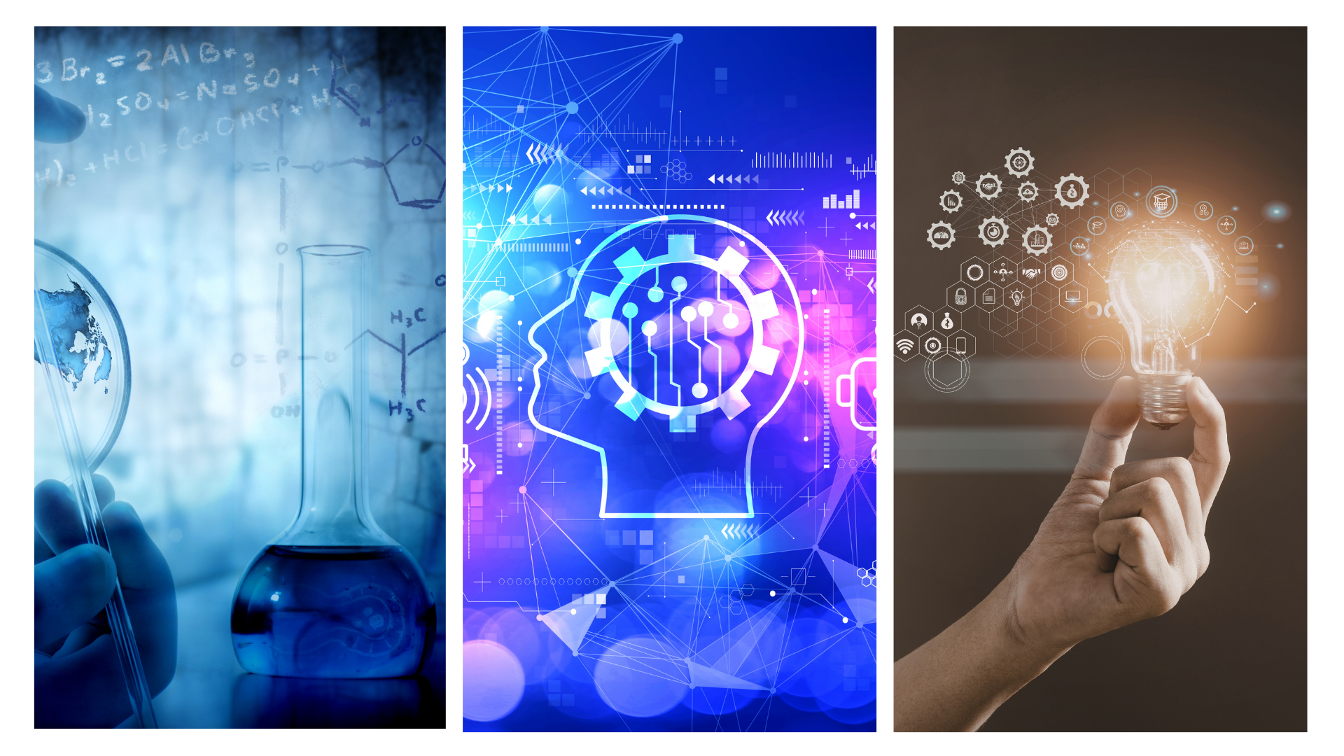 Biblioteki Akademickie w Erze Cyfrowej - panel przedsatawiający hasła: Nauka –zdjęcie kolby, pipety i wzorów chemicznych; Użytkownicy – ikonka głowy z kółkiem zębatym; Innowacje – dłoń trzymająca świecącą żarówkę.