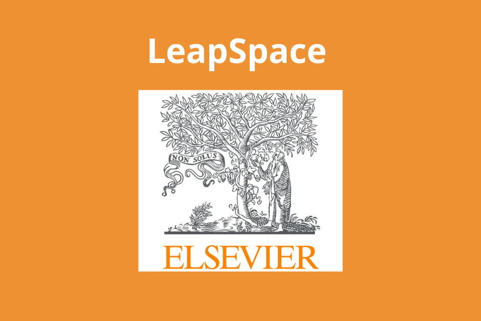 Napis "LeapSpace" i logo firmy Elsevier na pomarańczowym tle