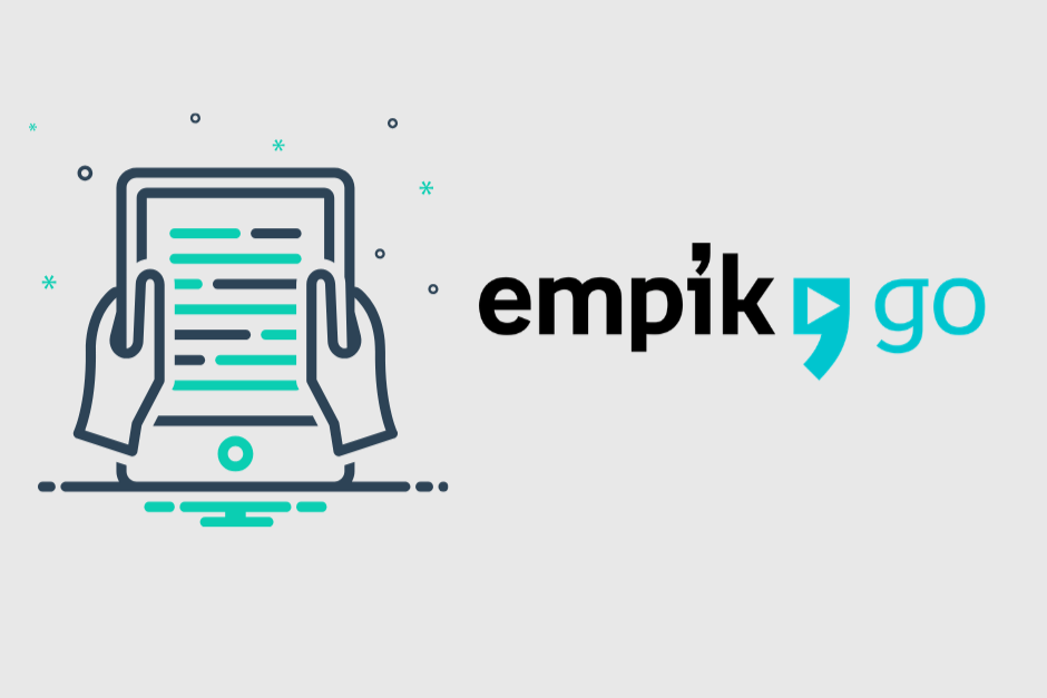 Logo Empik Go i ikonka dłoni trzymających tablet