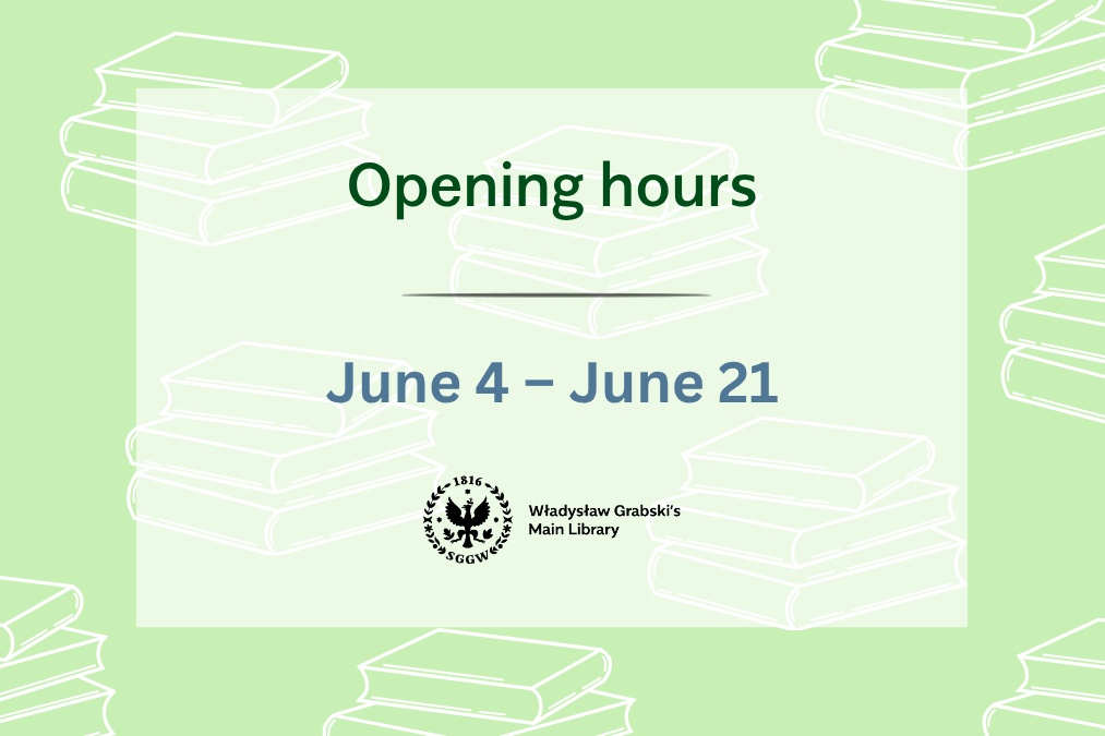 Text "Opening hours June 4 - June 21" and the library logo on green background.