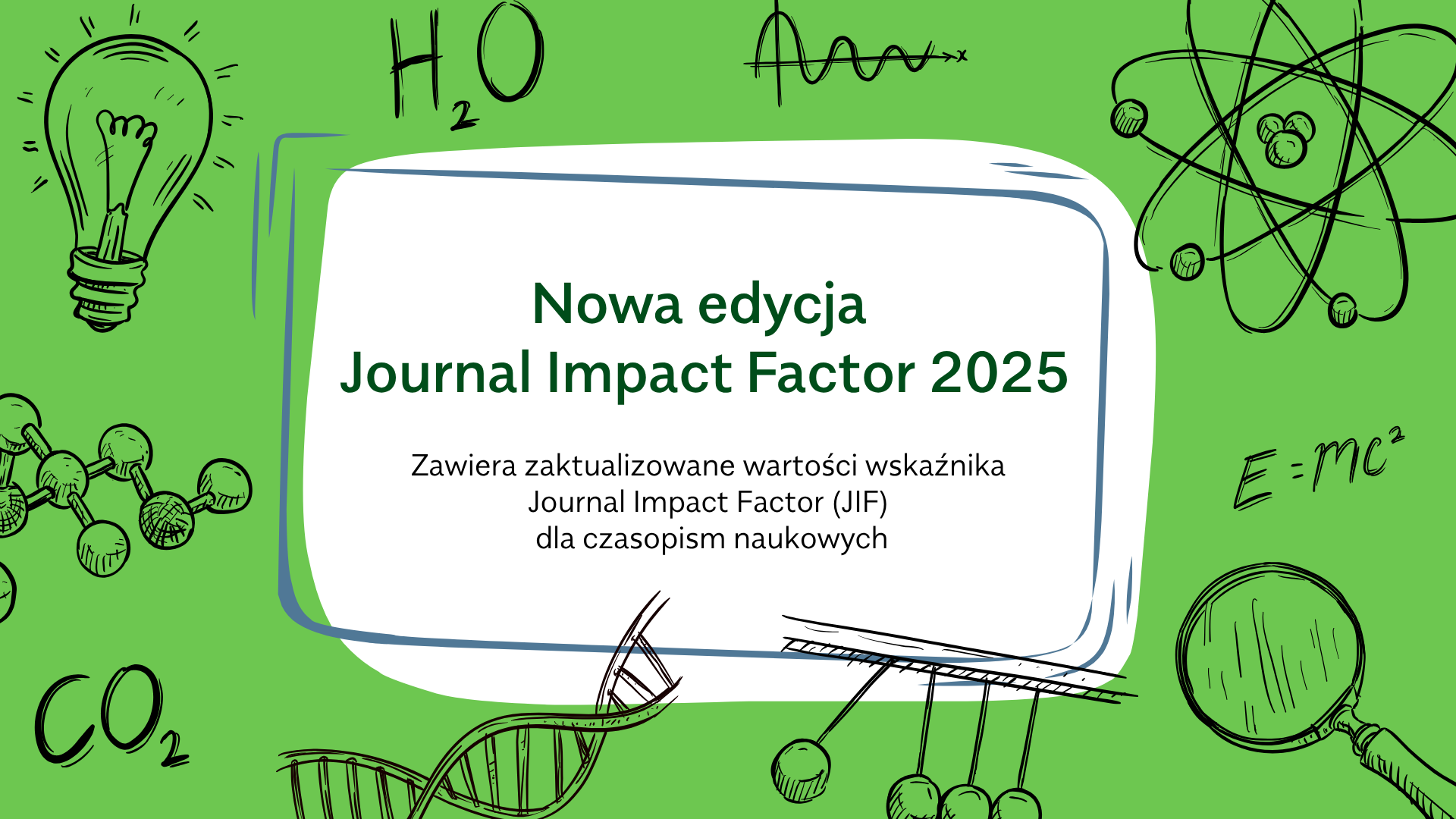 Napis "Nowa edycja Journal Impact Factor 2025" na zielonym tle z wzorami i symbolami nauk ścisłych: żarówką, modelem atomu, wahadłem i cząsteczką DNA.