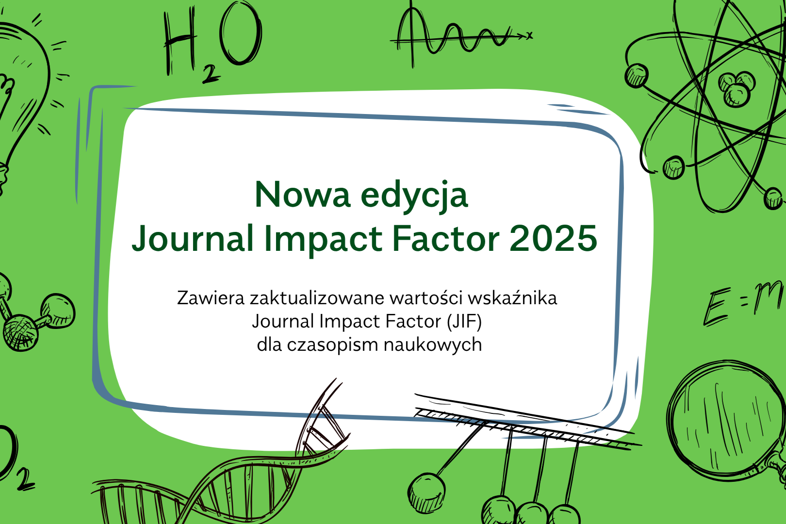 Napis "Nowa edycja Journal Impact Factor 2025" na zielonym tle z wzorami i symbolami nauk ścisłych: żarówką, modelem atomu, wahadłem i cząsteczką DNA.